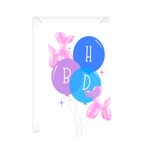 HBD meaning happy birthday greeting card decorated with pink balloon animals and purple and blue balloons