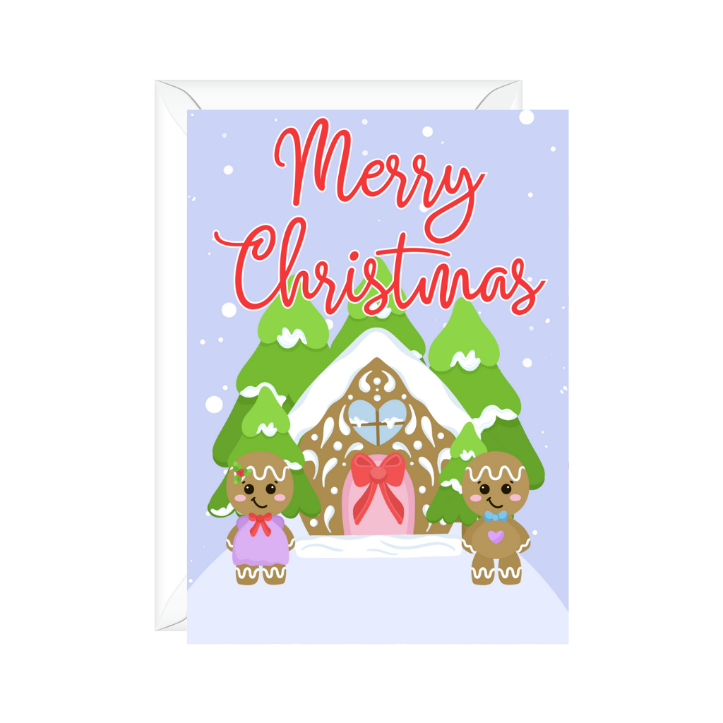 Gingerbread House Christmas Holiday Greeting Card with Gingerbread couple, Christmas trees and snow falling stating Merry Christmas.