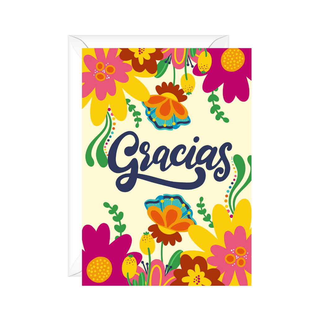 Warm Colorful floral designs surround greeting card with Spanish Gracias Thank You message