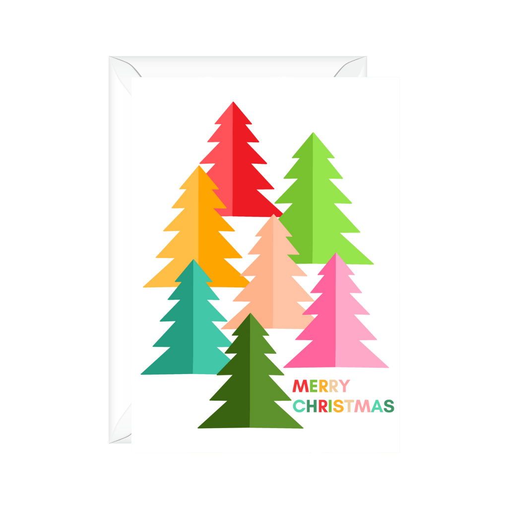 white Christmas Holiday greeting card with colorful modern christmas trees