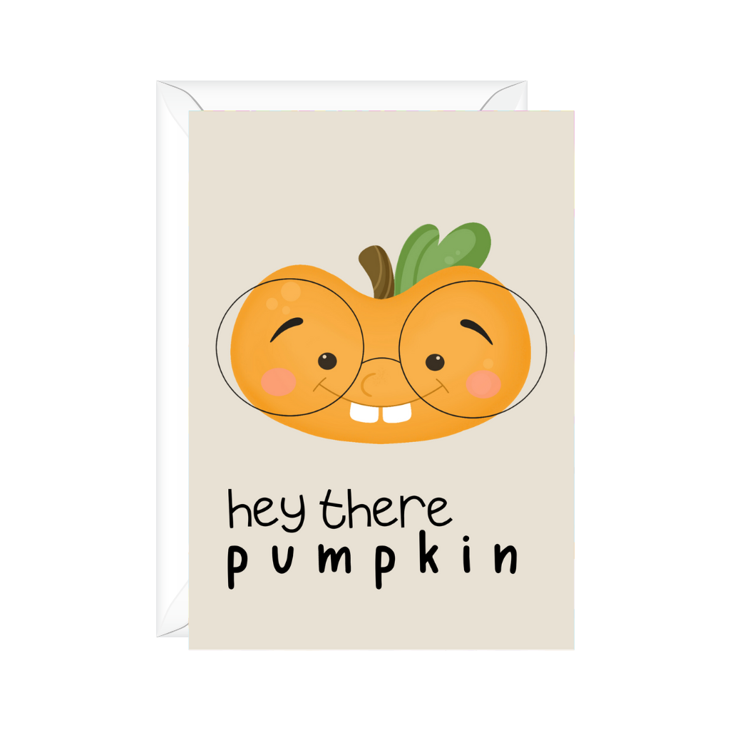 heythere pumpkin cute pumpkin character with big teeth and large circle glasses for fall or autumn greeting cards