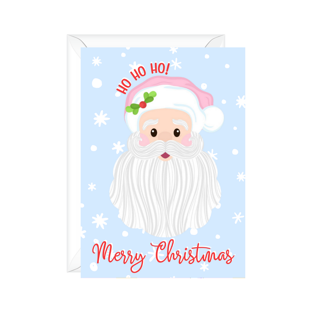 Pastel Santa face with pink santa hat and light blue background with snowflakes. Merry Christmas Ho Ho Ho greeting card